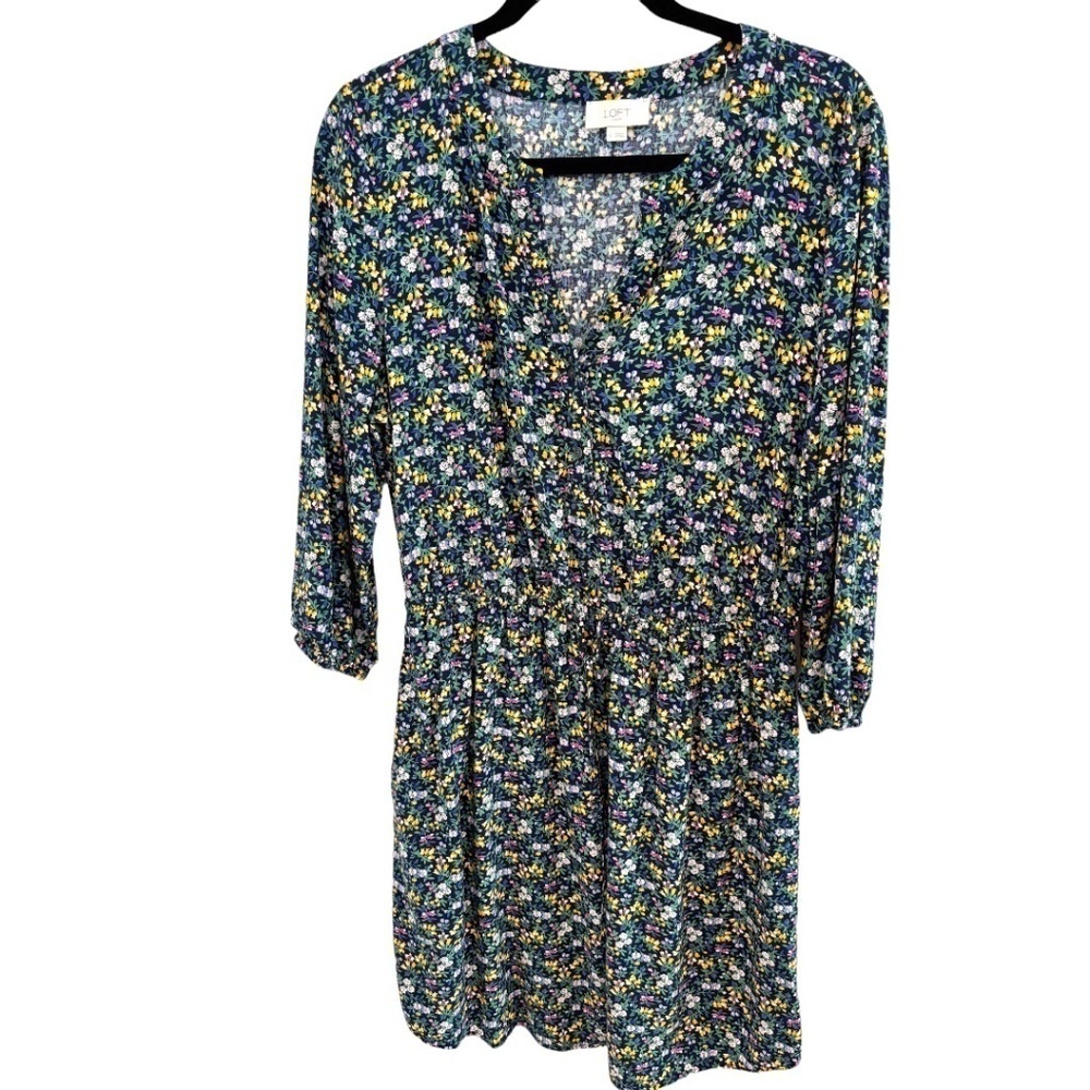 Ann Taylor LOFT Blue Floral Long Sleeve Tie Waist Rayon Cottagecore Dress Size L